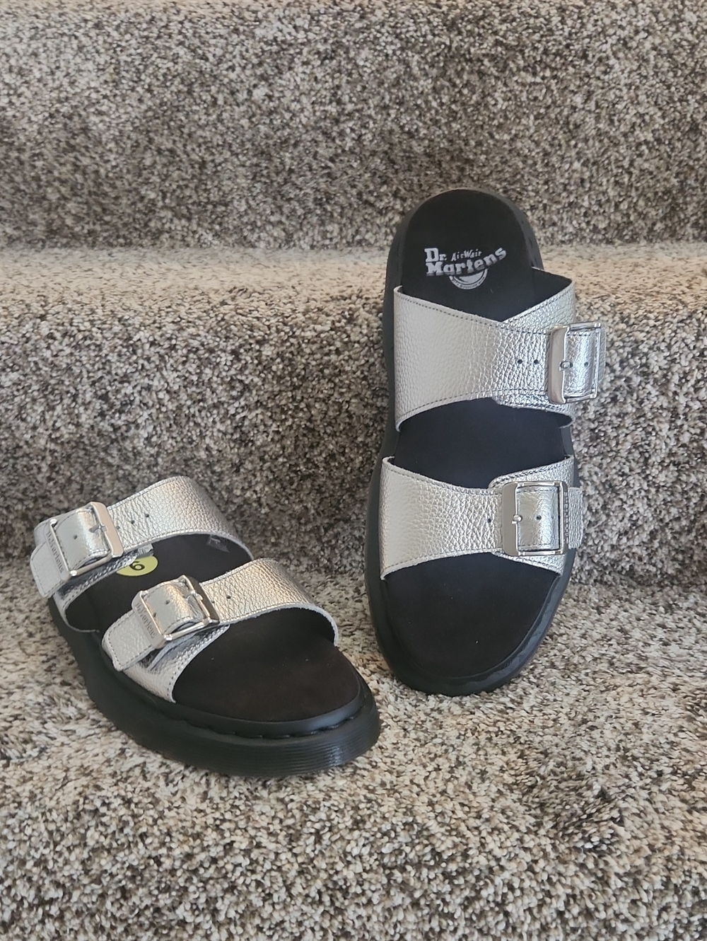Dr. Martens Metallic Silver Double-Buckle Slide Sandals -NWT